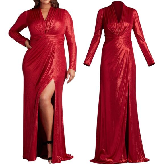 Tadashi Shoji Metallic Long Sleeve Evening Gown Deep Red Size XXL - Picture 1 of 14